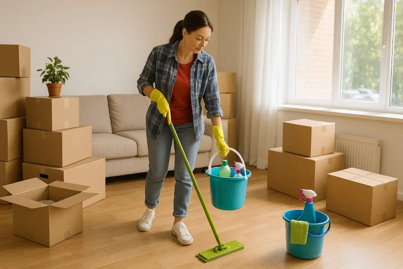 Woman doing spring cleaning before moving, surrounded by moving boxes in a living room – Boise, Idaho.
